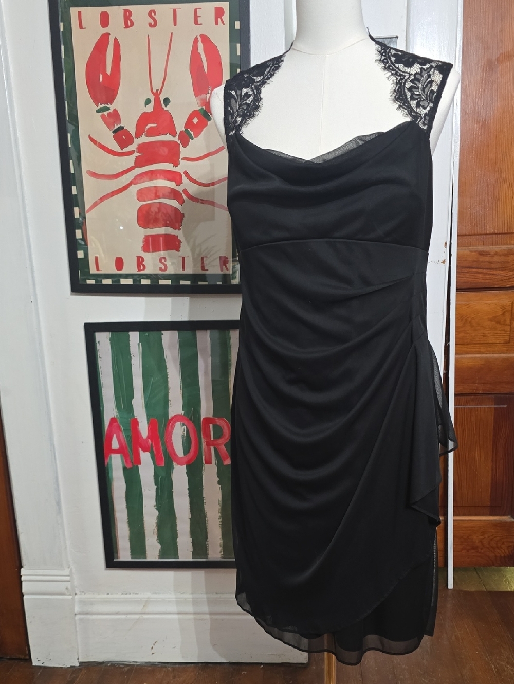 Elegant Black Lace-Shoulder Rouched  Cocktail Dress Nwt 16